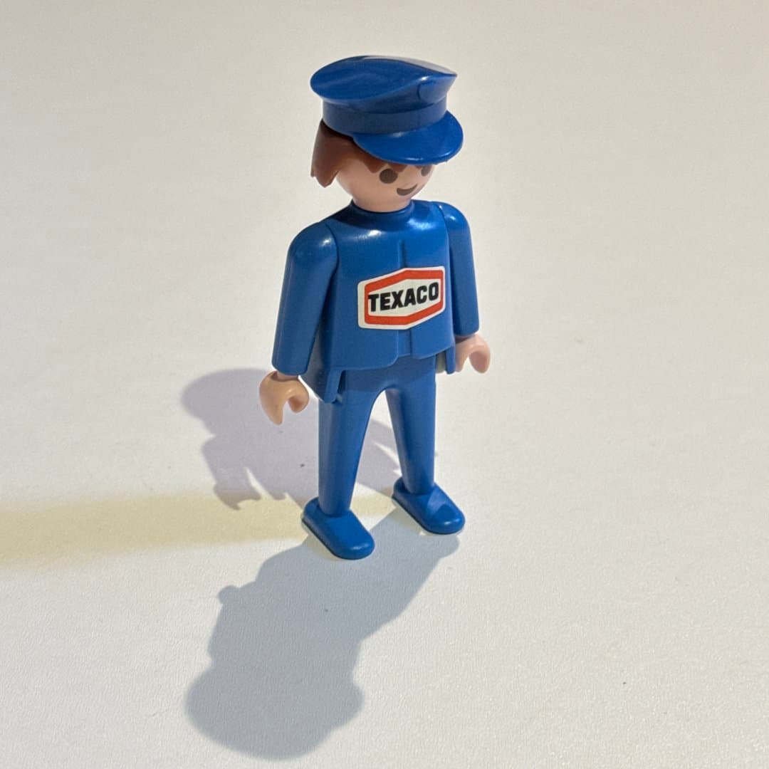 Vintage 1974 Playmobil Geobra Texaco gas station attendant figure in blue uniform. on Save All